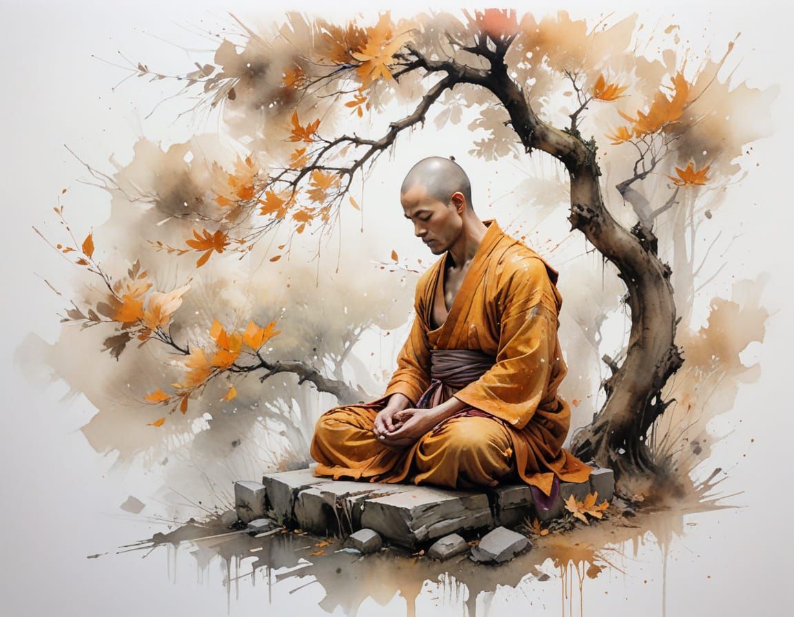 Monk Meditating Under Autumn Ginkgo Tree