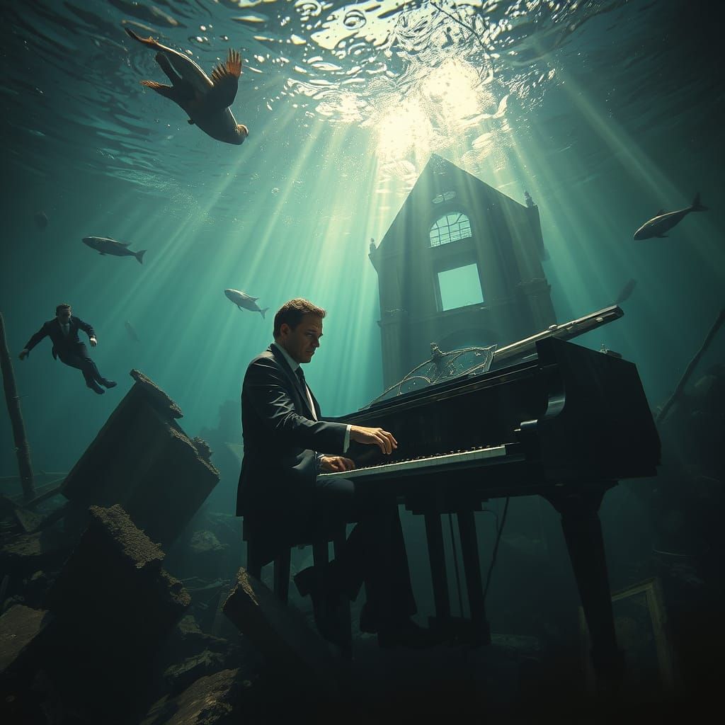 Underwater Piano Serenade in Surreal Painterly Style