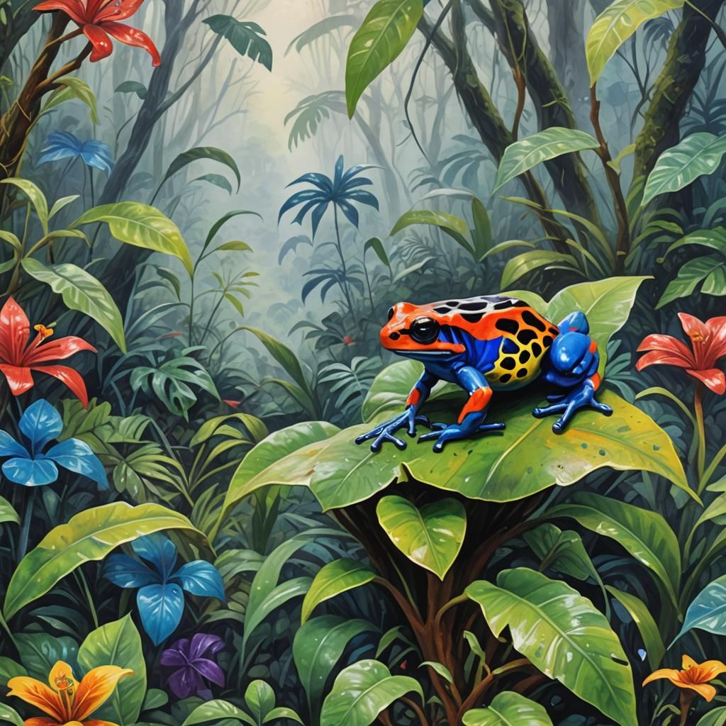 Rainforest Frog in Gouache Style Impressionist Painting