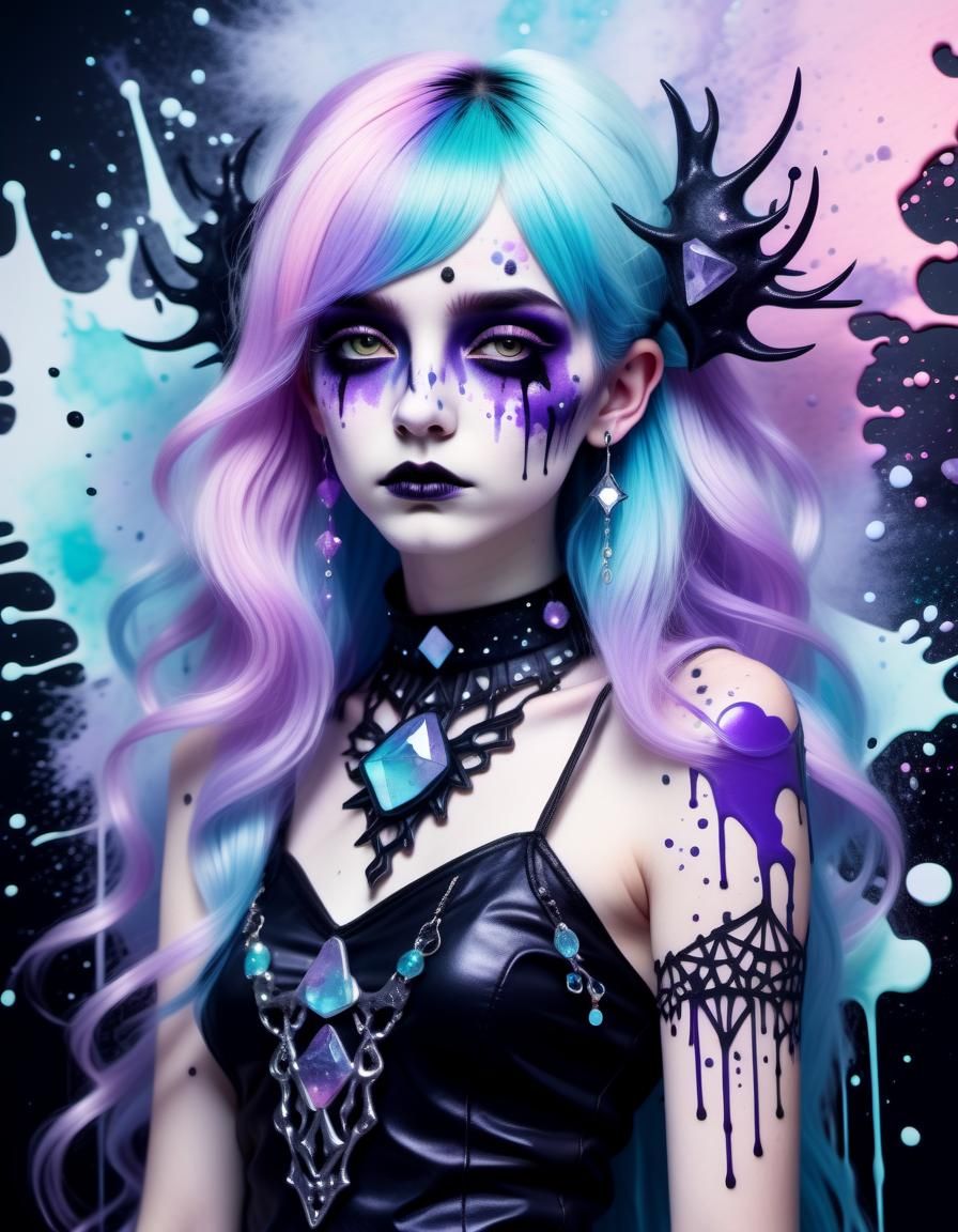 Pastel Goth Goddess of Crystals in Ink Splatter