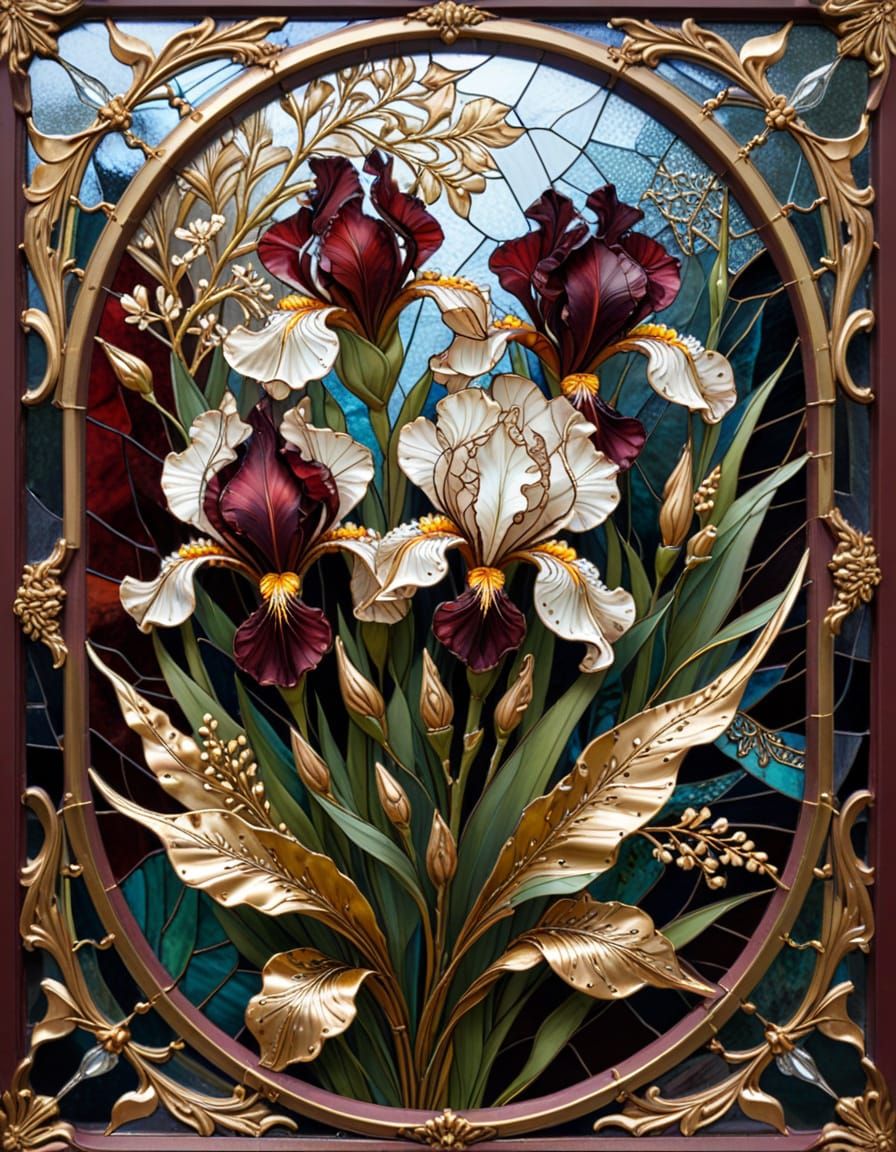 Victorian Stained-Glass Iris Bouquet in Gold Frame