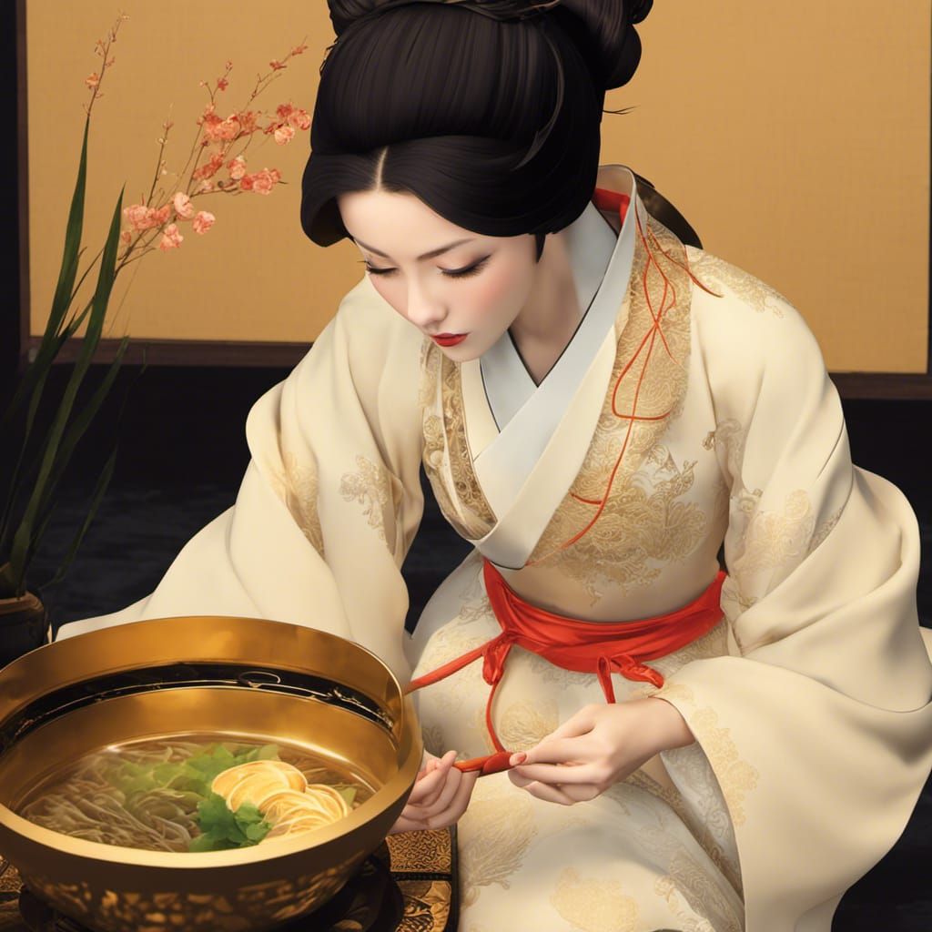 Japanese Woman Eating Ramen, Detailed Matte Painting
