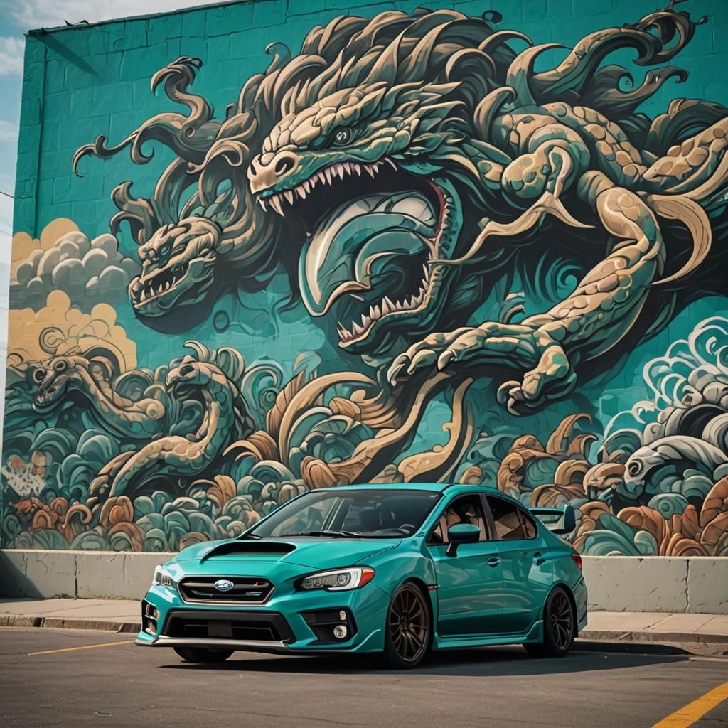 Teal Subaru WRX with Seaside Mural in Cinematic Style