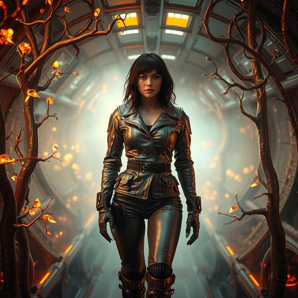 Sci-Fi Woman in Forest Ship with Ethereal Ambiance