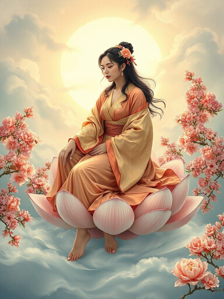 Goddess on Lotus Amidst Cherry Blossoms in Art Nouveau Style