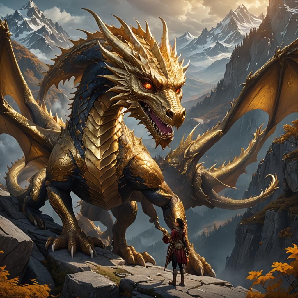Girl and Golden Dragon Fantasy Art