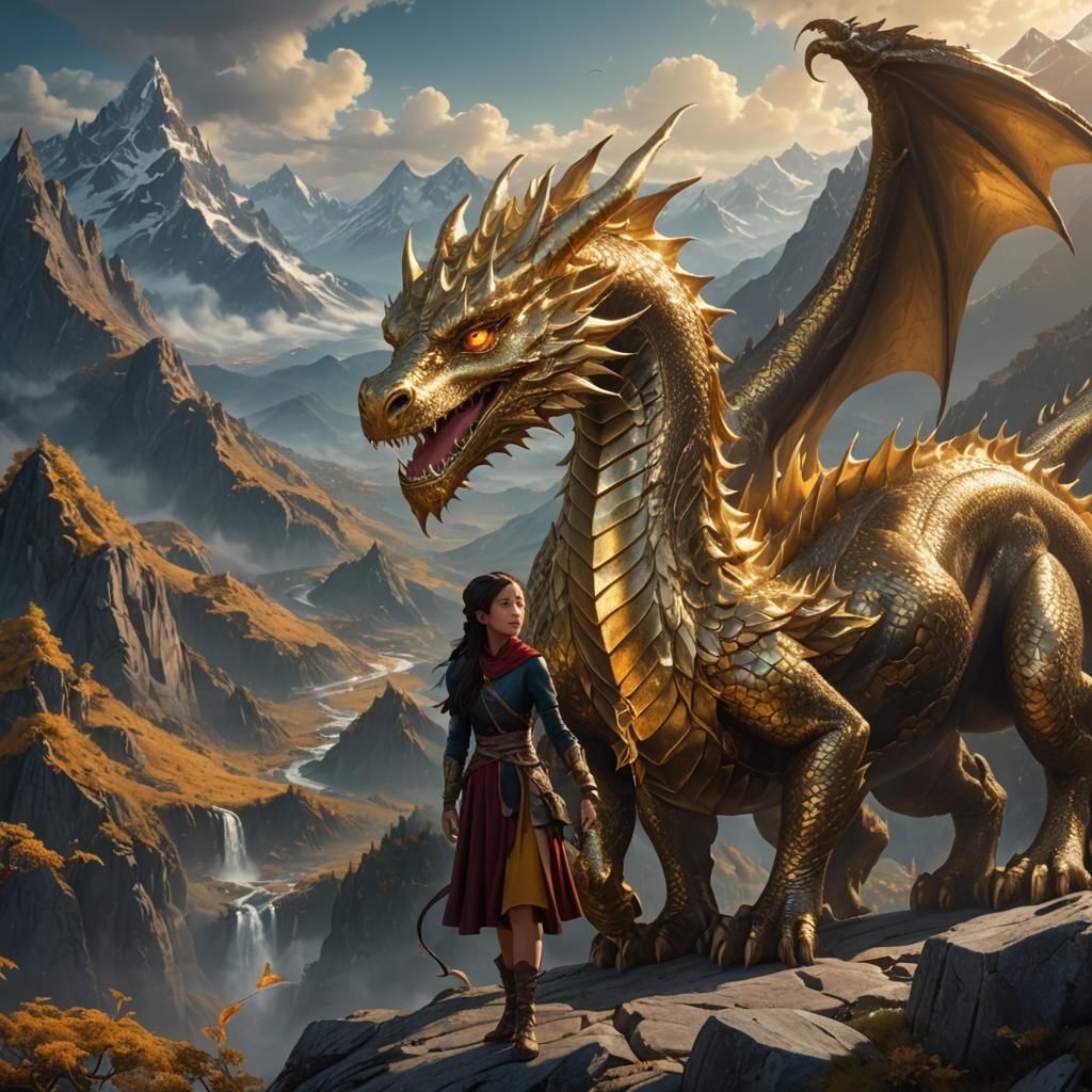 Girl and Golden Dragon in the Mountains