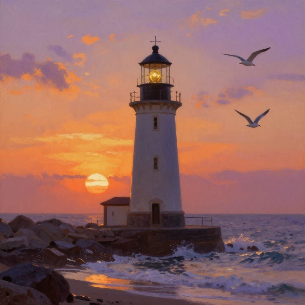 Vintage Lighthouse at Sunset in Romantic Impressionistic Sty...