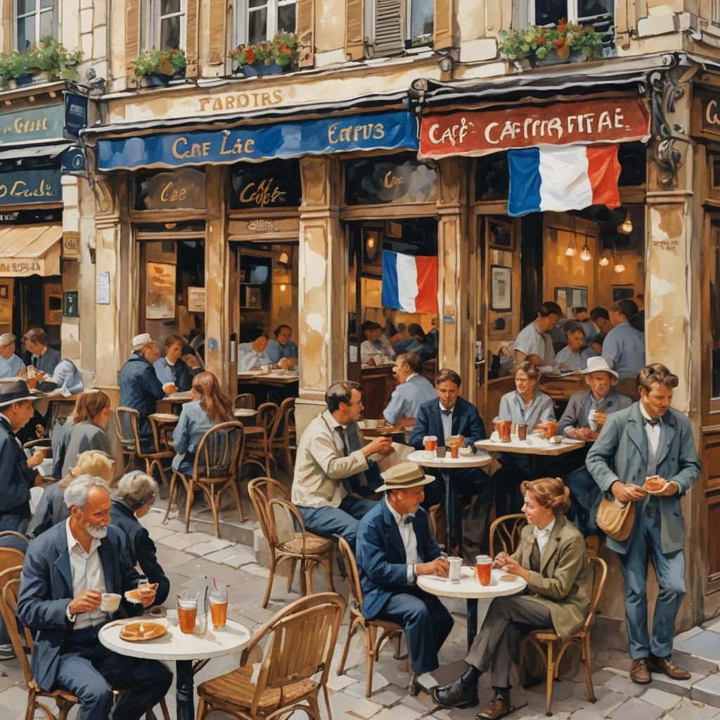 French Cafe Scene in Post-Impressionistic Style