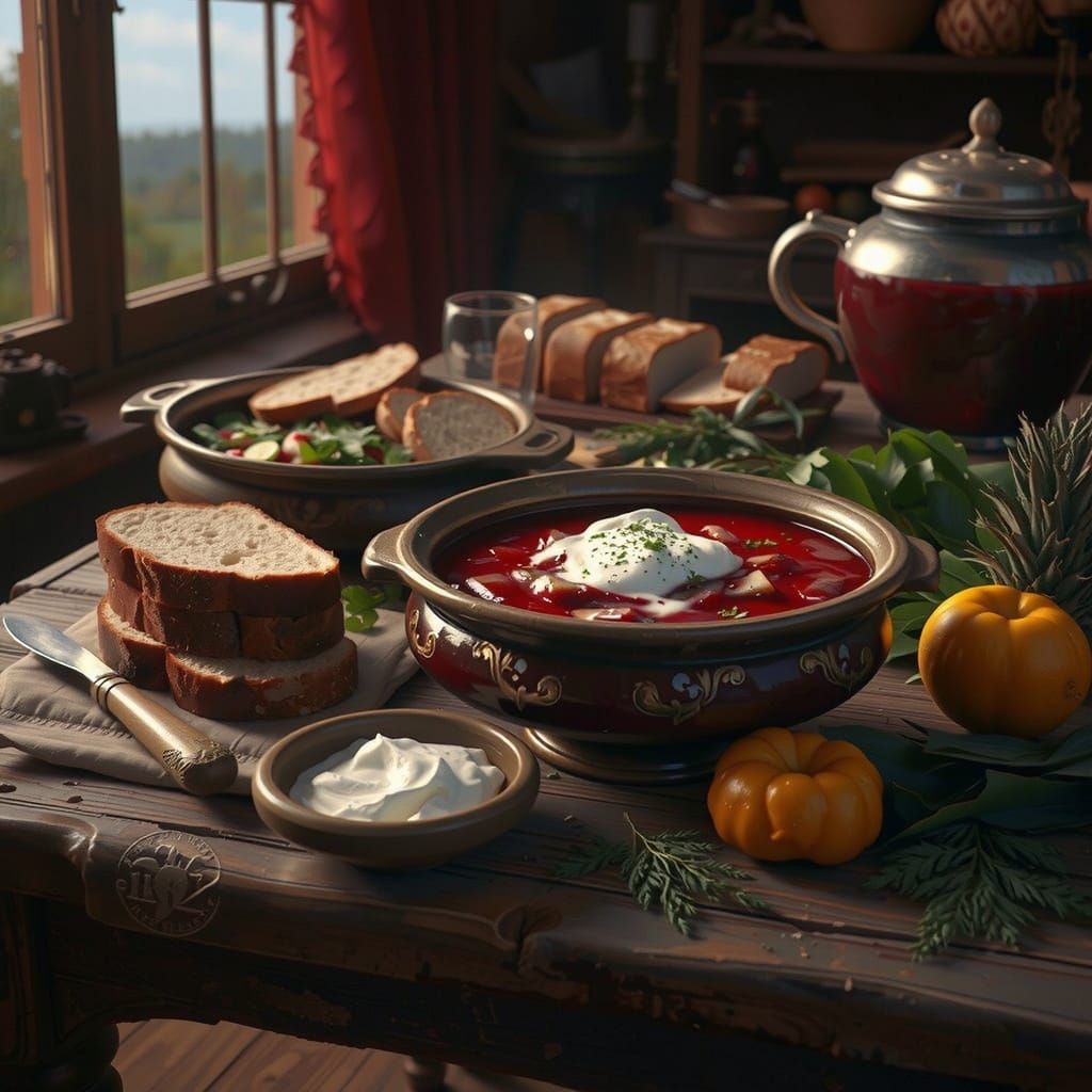 Surreal Ukrainian Borscht Scene in Epic Fantasy Style