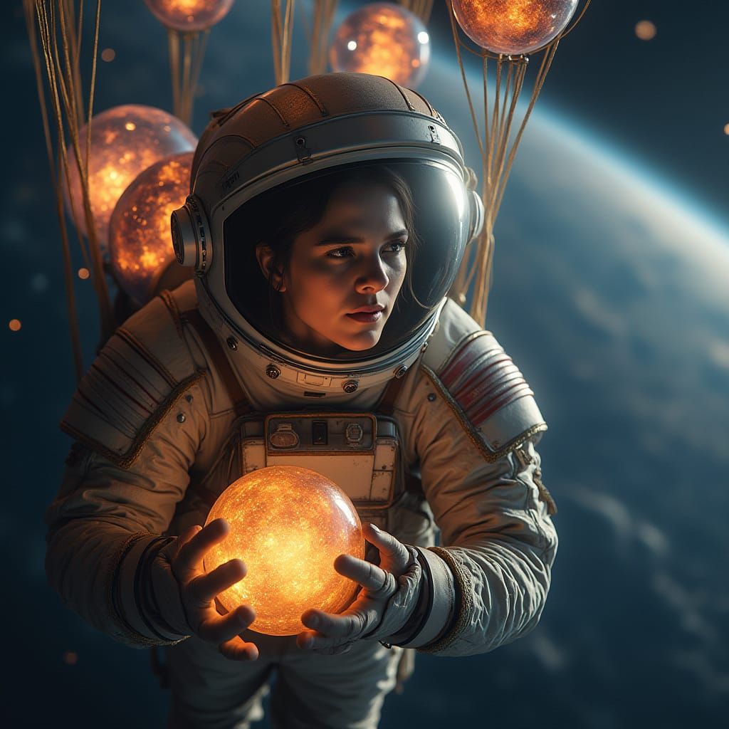 Astronaut Drifting Above Dying Star with Balloons