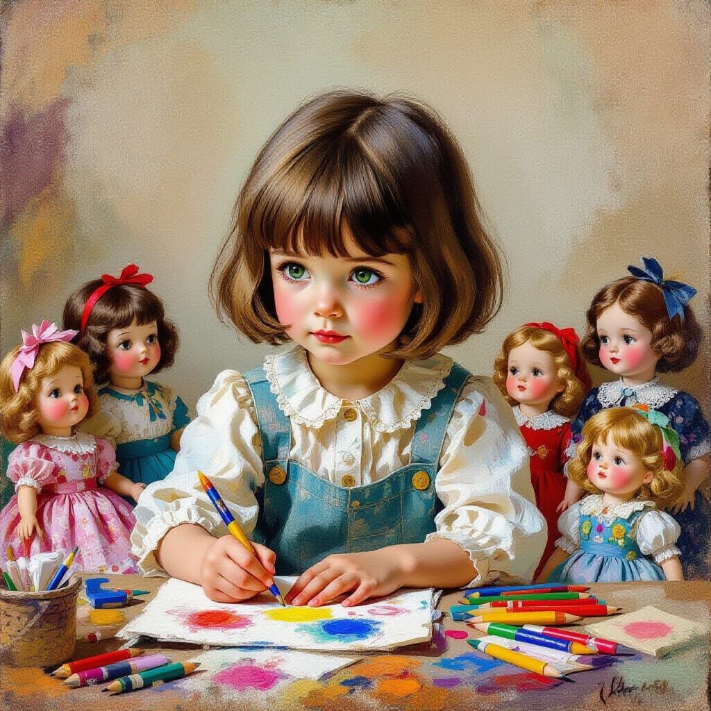 Girl's Artistic Reverie in Gouache Style