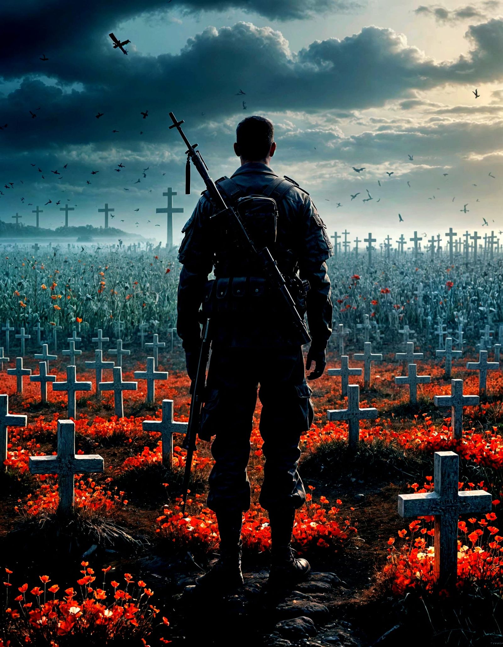 Tribute to Fallen Soldiers in Somber Landscape
