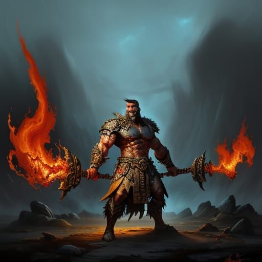 Goliath Barbarian with Fiery Warhammer in Classical Fantasy ...