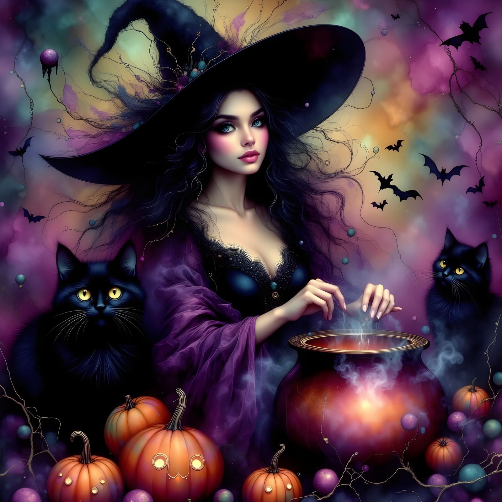 Witch Stirring Cauldron with Black Cat and Pumpkins