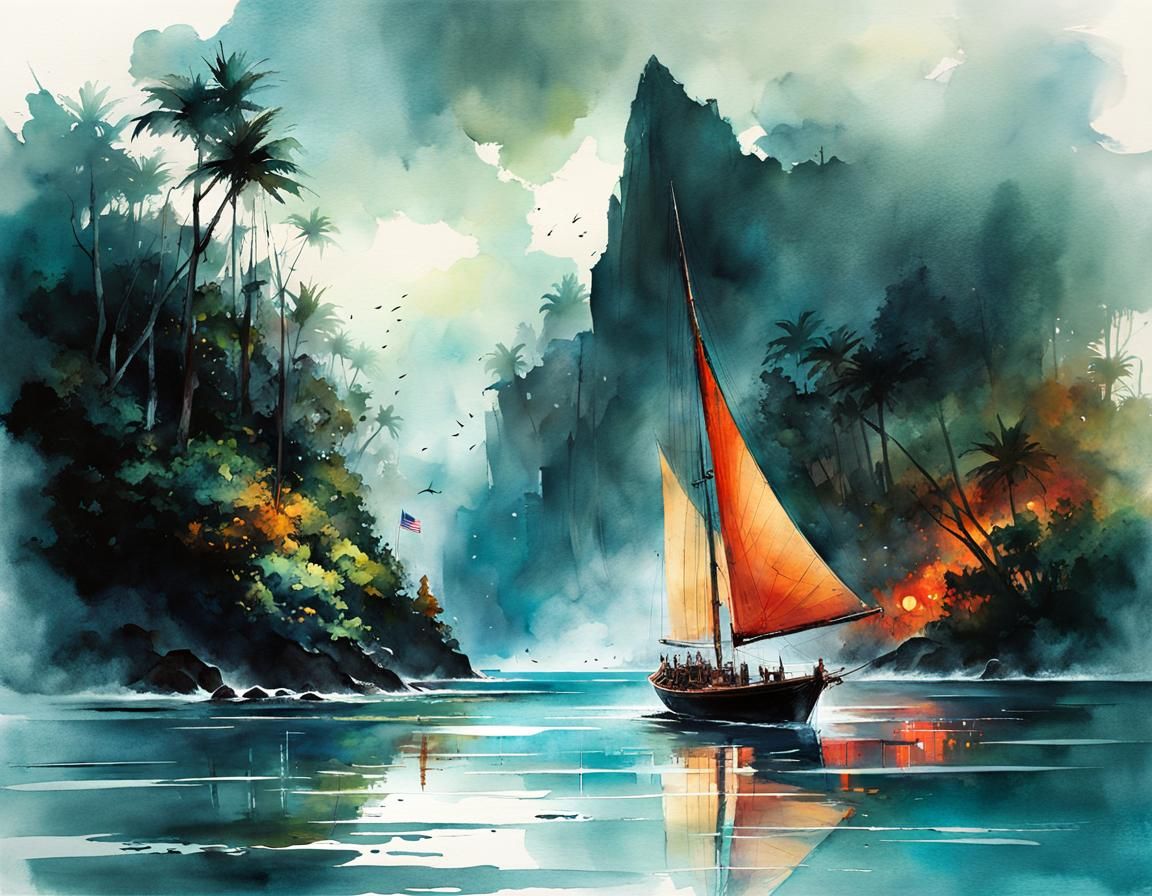 Mysterious Sailboat on Magic Seascape
