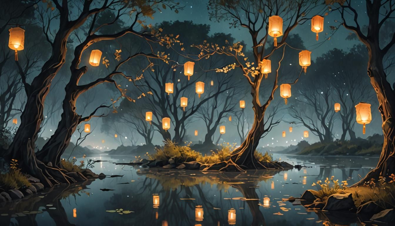 Bioluminescent River with Floating Lanterns: Watercolor Styl...