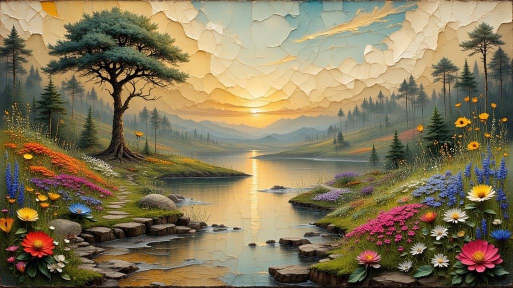 Surreal Fantasy Oasis with Vibrant Blooms