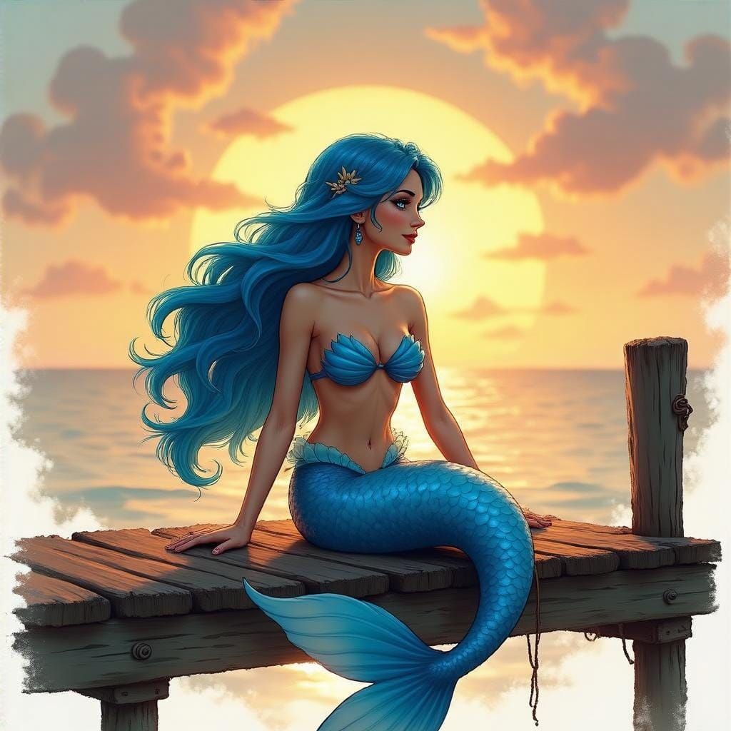 Elegant Mermaid Goddess at Sunset