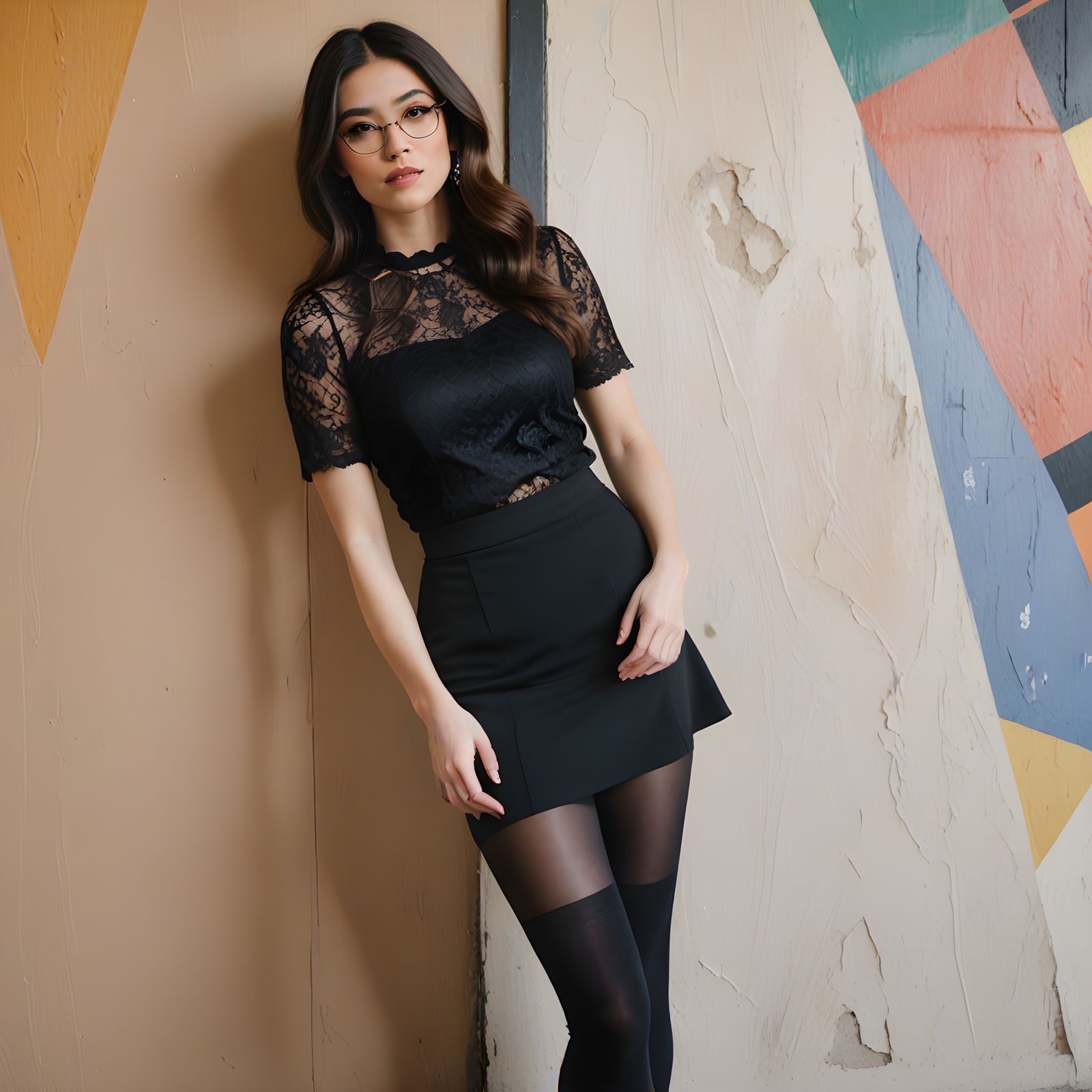 Gothic Fashion Girl Leans Against Colorful Mural