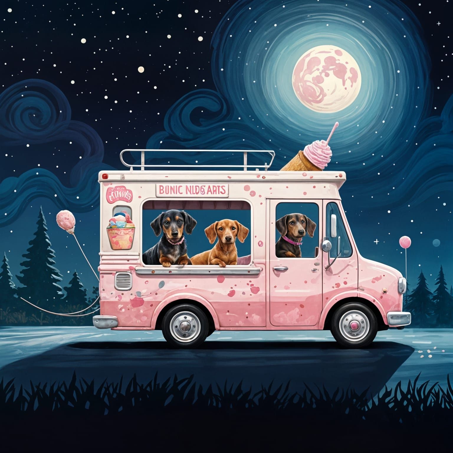 Quirky Moonlit Night Scene with Dachshunds Driving a Pink Ic...