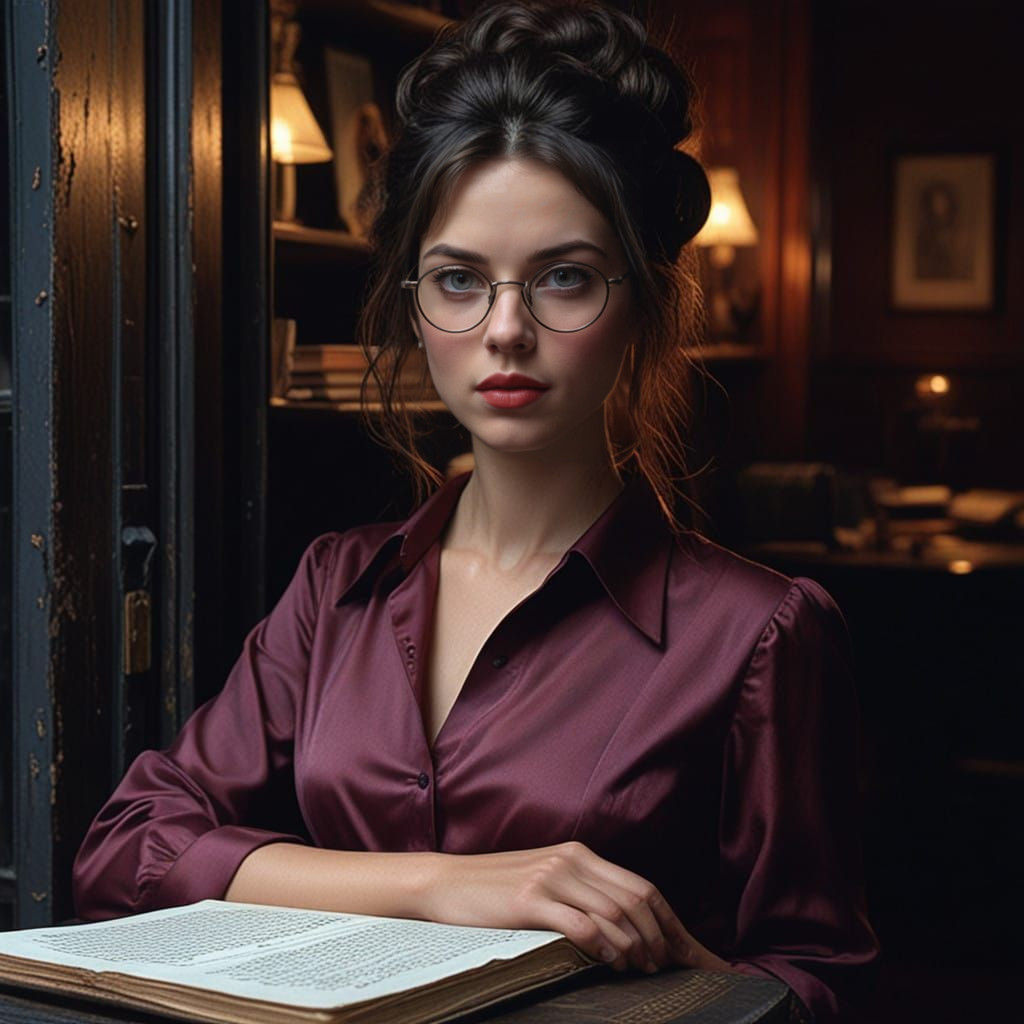 Vintage Beauty Contemplates by Golden Lamplight