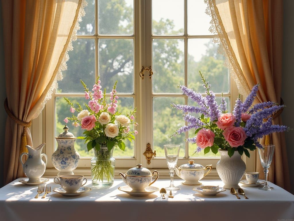 breakfast table window view, Victorian interior, soft morning light, looking out at a lush English garden, vibrant flowe...