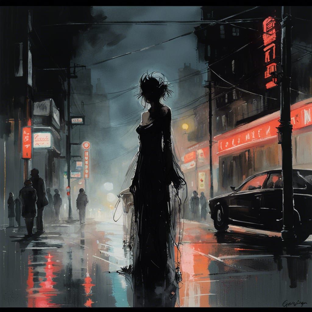 Gothic Woman in Tokyo, Anime-Inspired Chiaroscuro