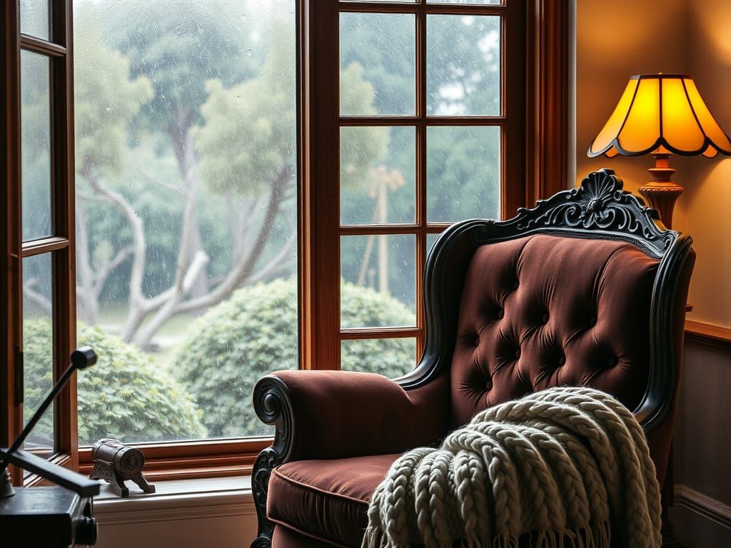 Cozy Reading Nook with Velvet Armchair and Rainy Garden View