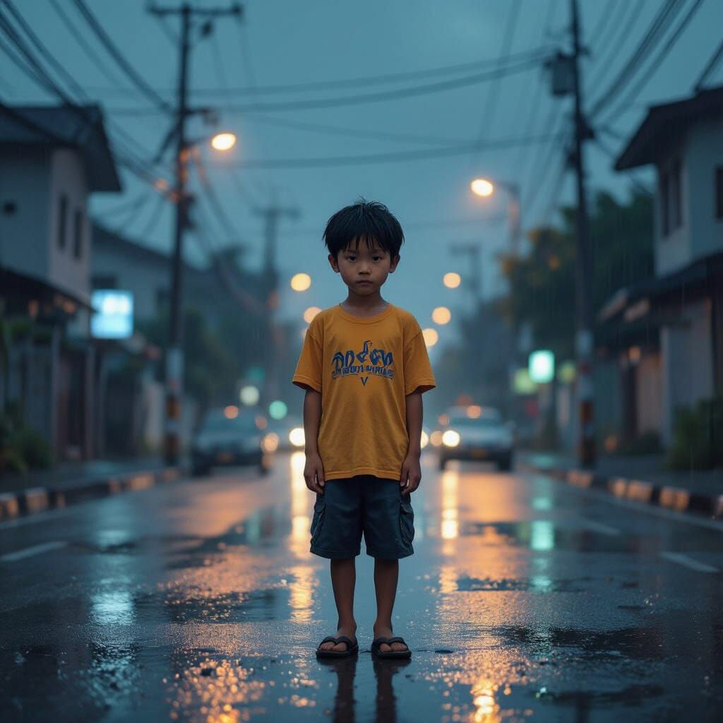 Boy in Rain Beside Lamppost: Digital Art