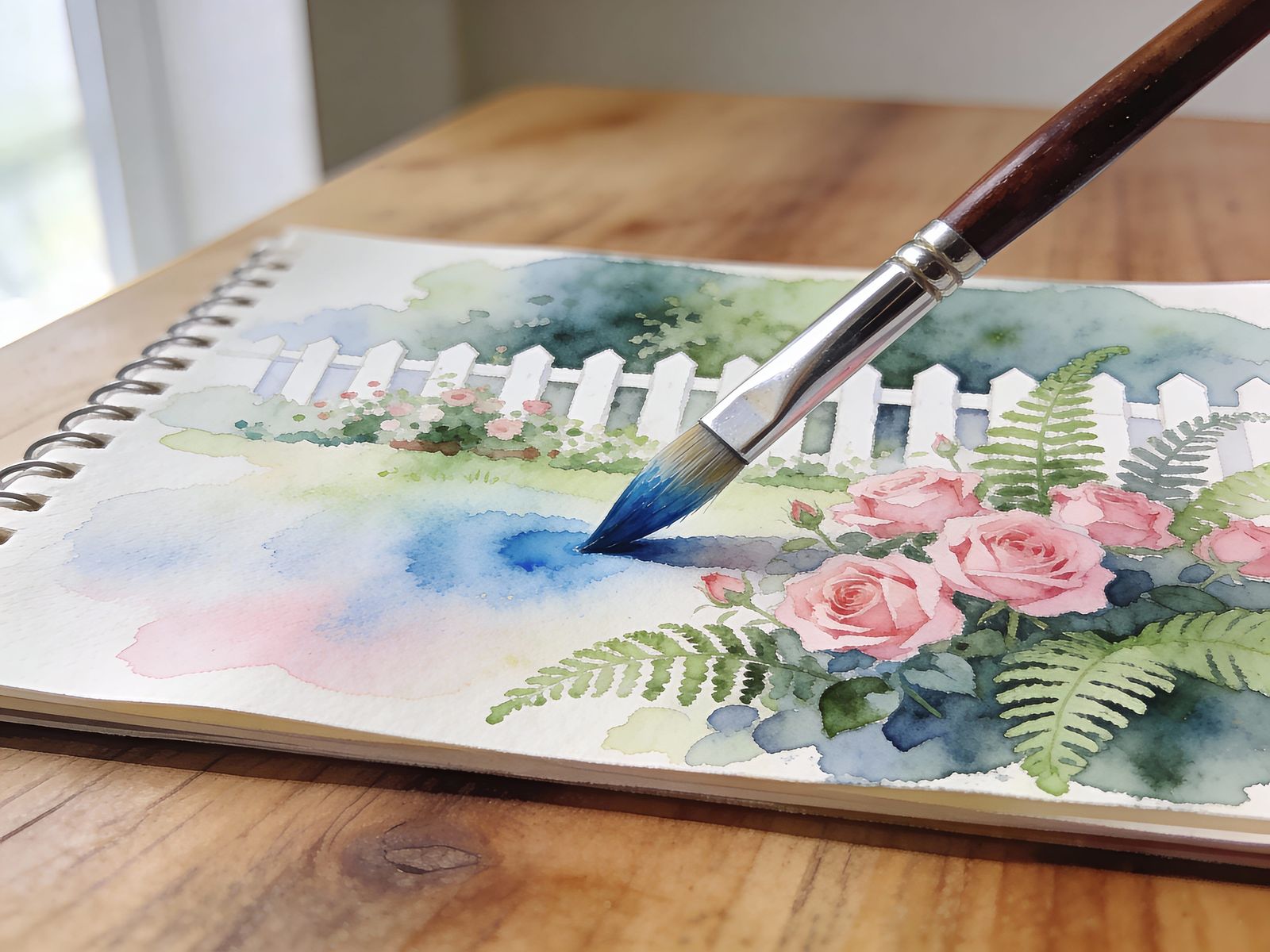 Watercolor Garden Scene Painted on Paper