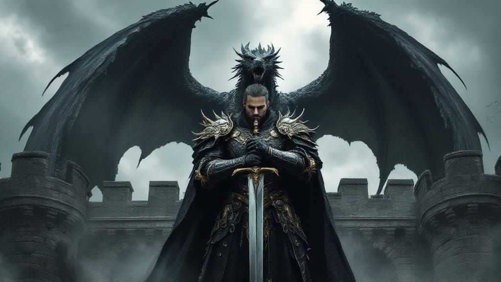 Fantasy King in Majestic Black Armor Stands Defiant on Battl...