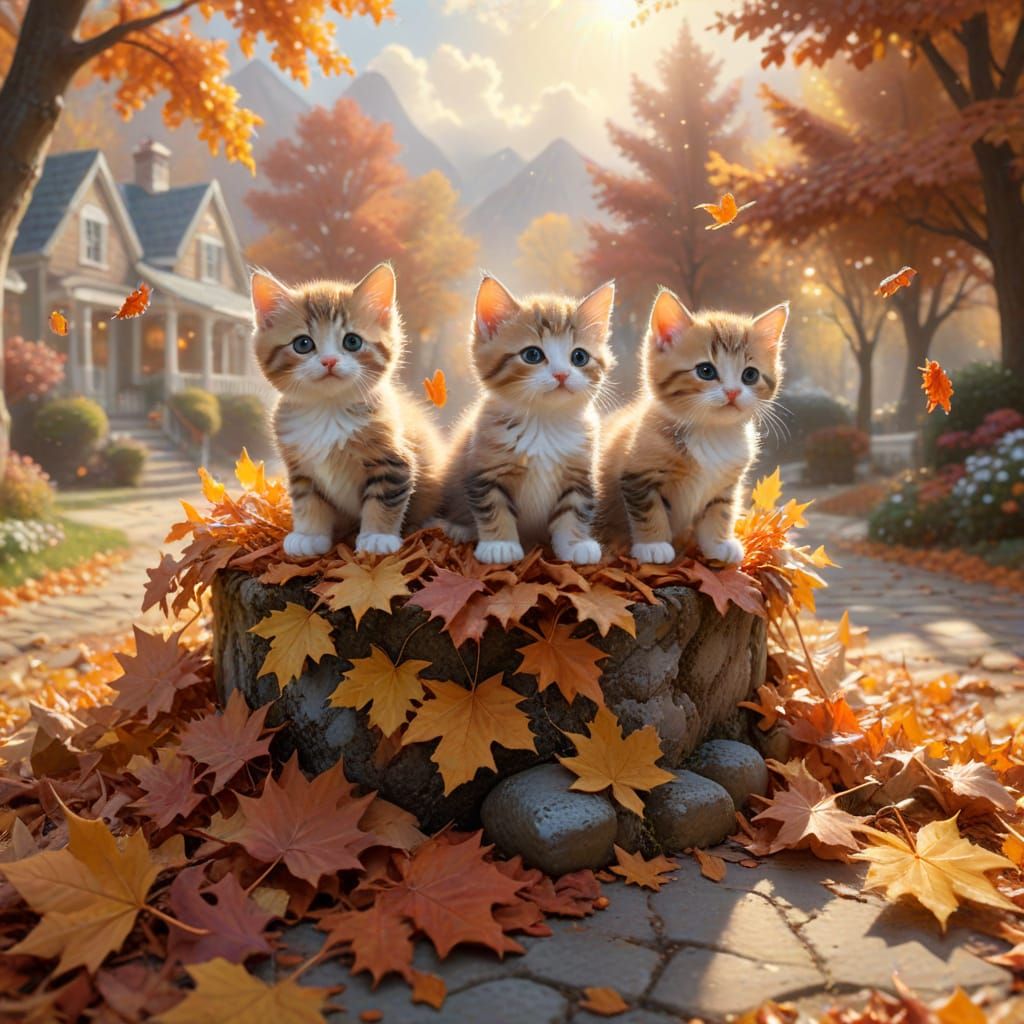 Cute Kittens in Ethereal Autumn Sunshine