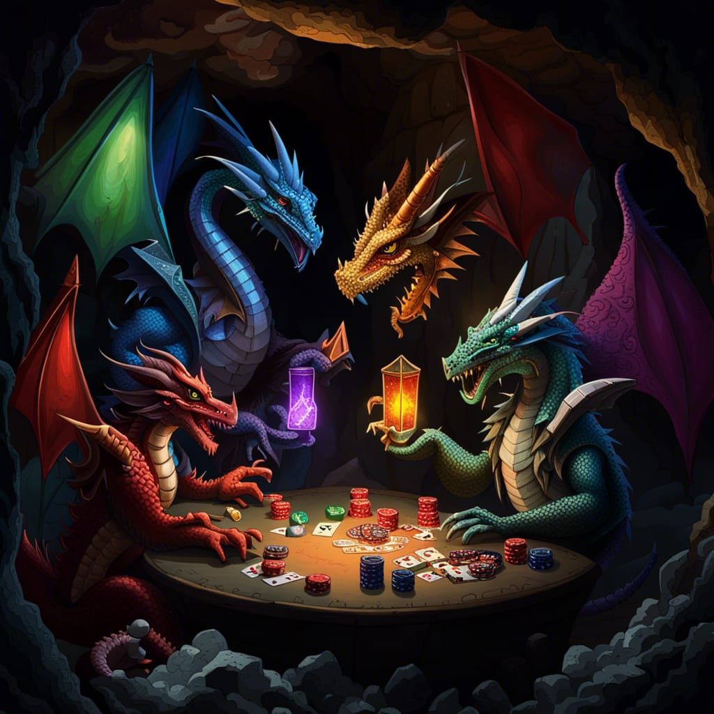 Dragons Playing Poker in a Dimly Lit Cave