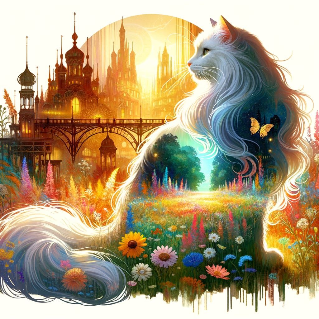 White Calico Cat Meadow Double Exposure in Art Nouveau Style