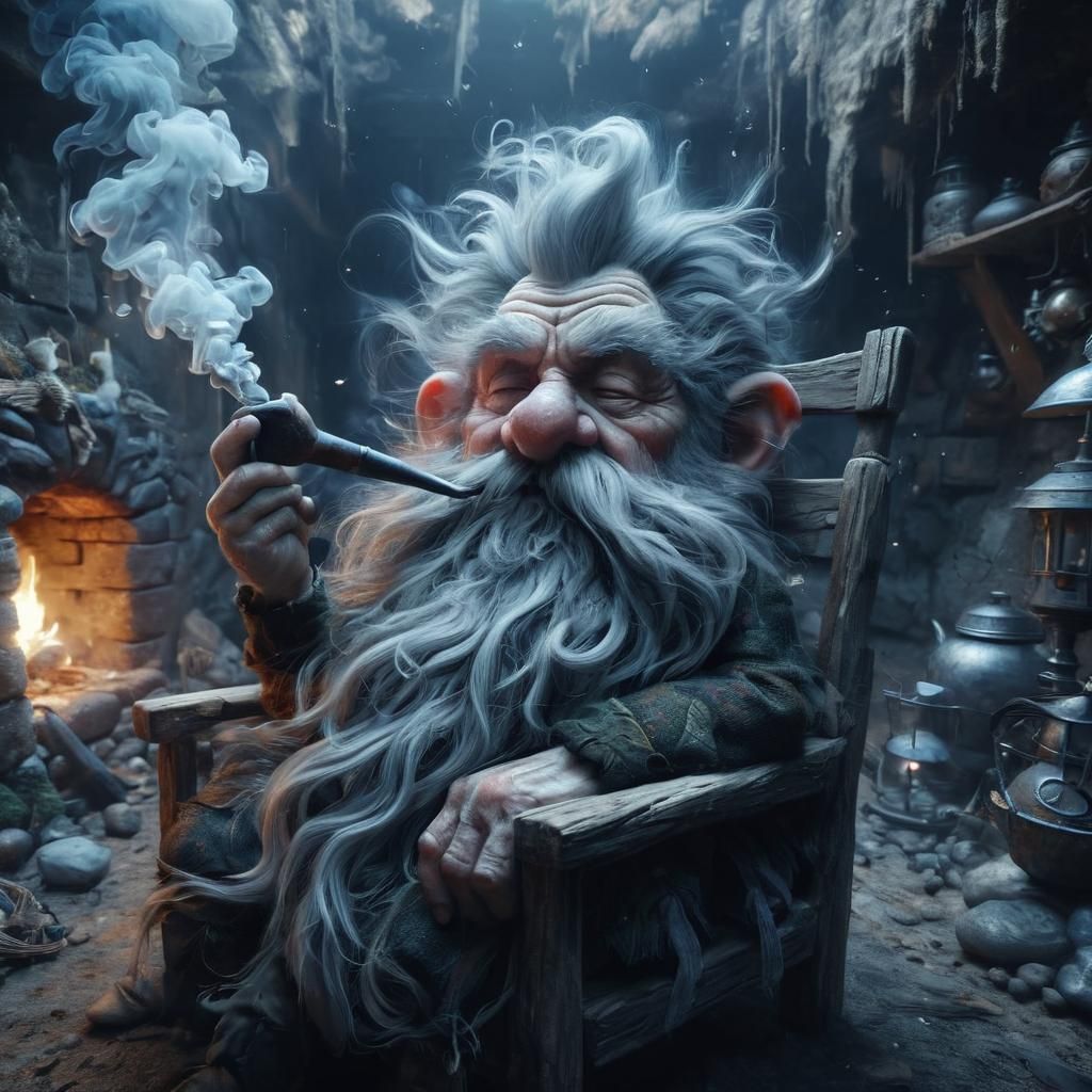 Hyperrealistic Portrait of a Grumpy Gnome Smoking a Pipe