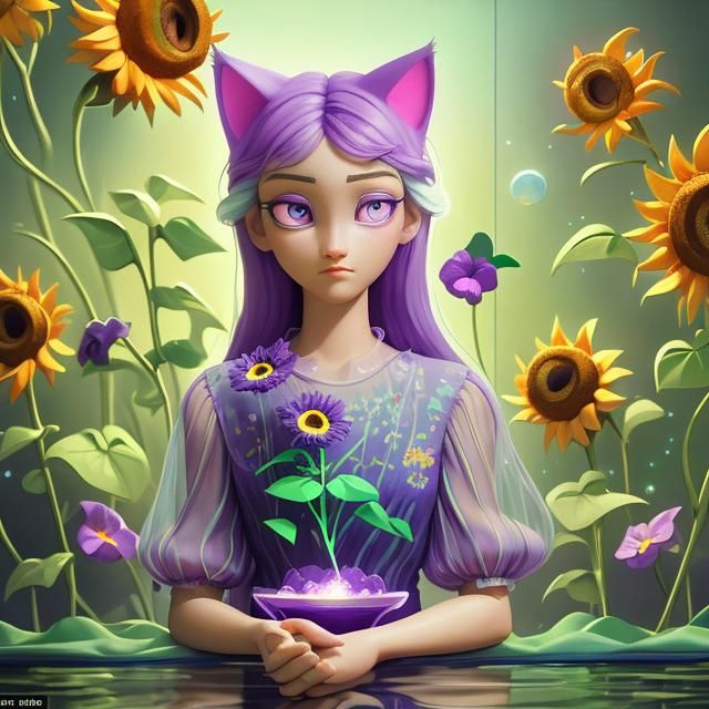 Neon Sunflower Cat with Purple Eyes in Dreamscape