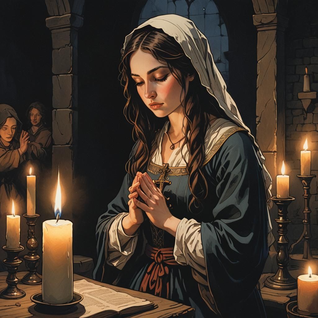 Medieval Peasant Woman Praying by Candlelight