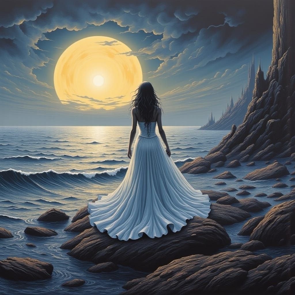 Moonlit Seascape with Woman in White Gown