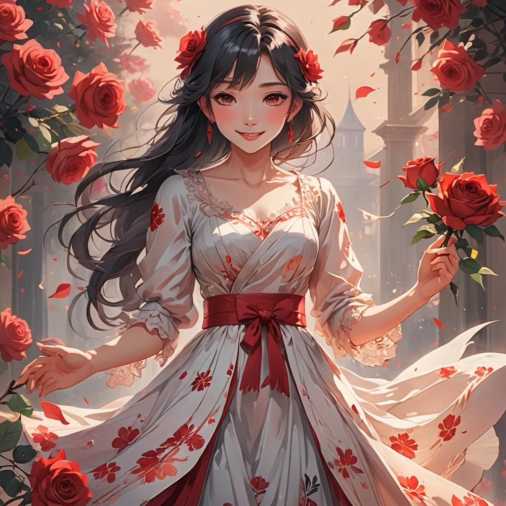 Anime Girl with Rose in Manga Style