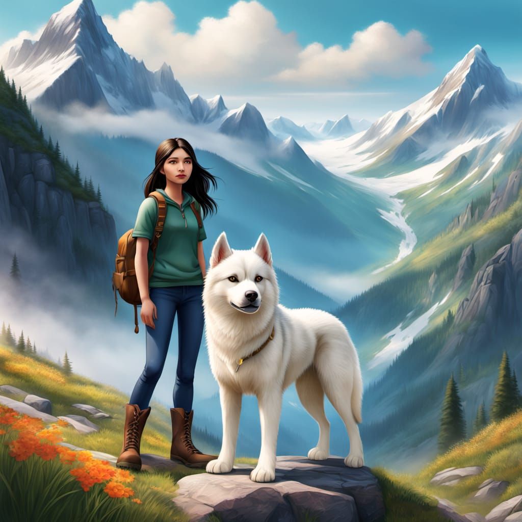 Majestic White Husky Girl in Serene Valley Landscape