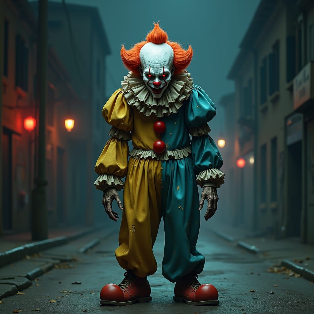 Terrifying Clown in Deserted Street: Fantasy Concept Art
