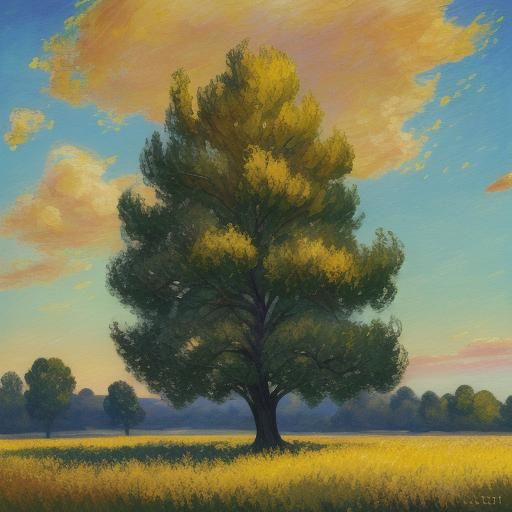 Impressionist Landscape: Lone Tree in Summer Grassland