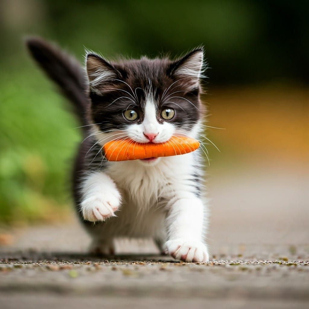 Black and White Cat with Carrot: Wildlife Photography