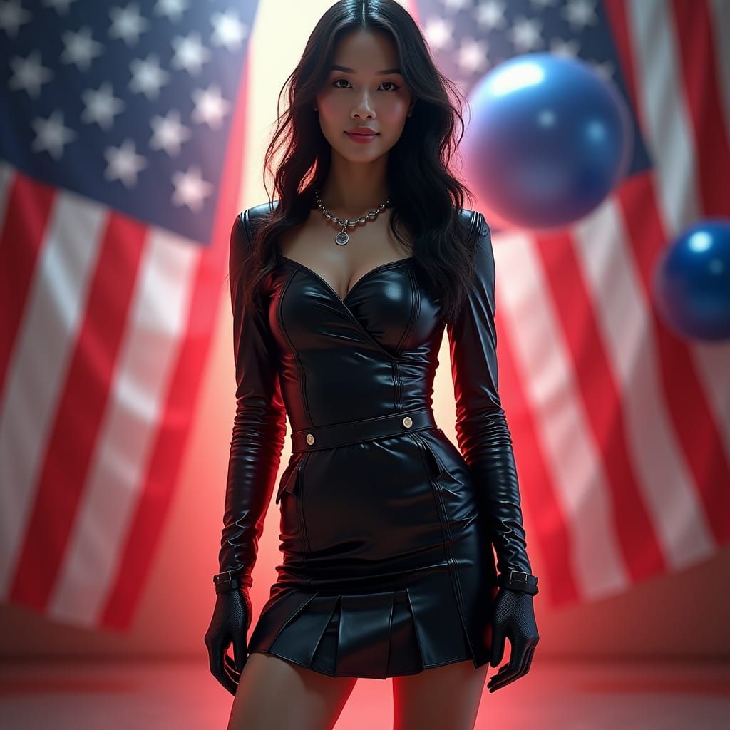 Lucy Liu in Leather Outfit with Patriotic Backdrop
