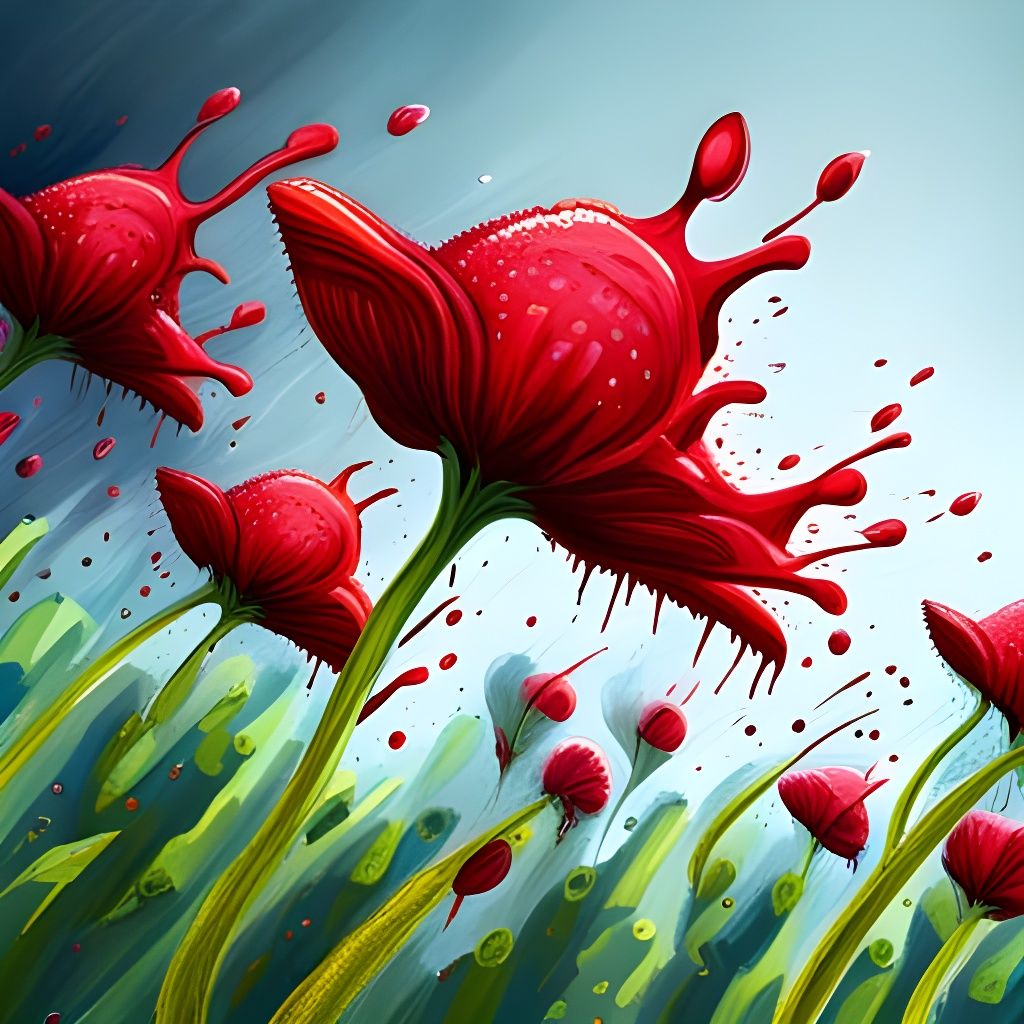 Hyperrealistic Blood Rain on Blue Flowers