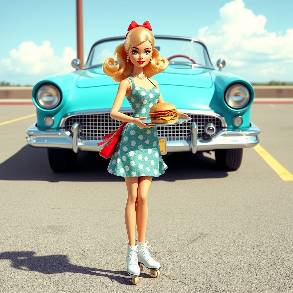 Cartoonish Barbie Car Hop at 1950s Diner