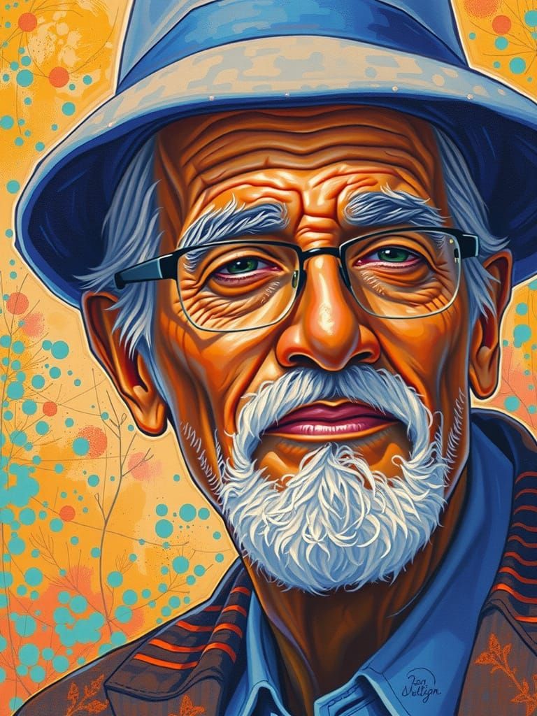 Wise Elderly Man Portrait with Blue Fedora