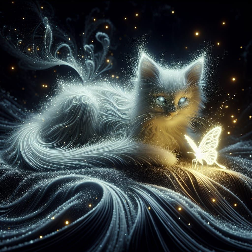 Ethereal Kitten with Butterfly in Bioluminescent Light