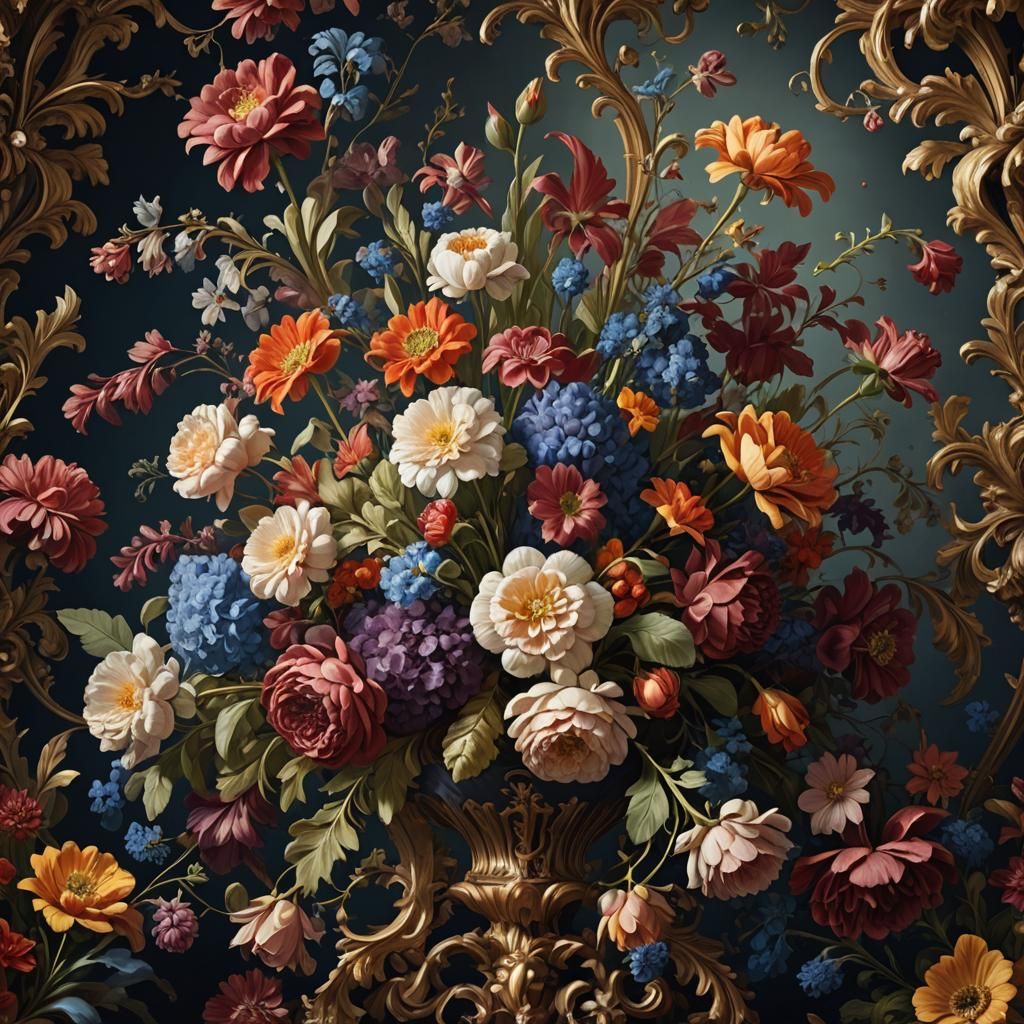 Baroque Floral Arrangement: Rich Colors and Dramatic Lightin...